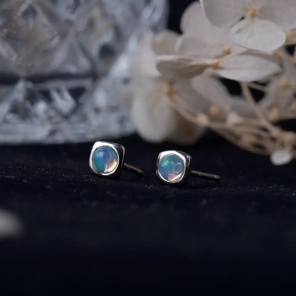 Natural Ethiopia Real Opal Ear Studs - Rainbows Opal Sterling Silver Earrings - Picture 4 of 12